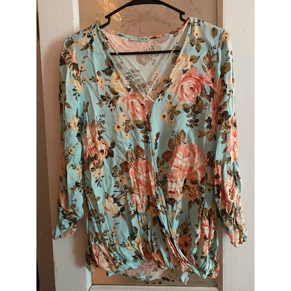 Aqua Floral Wrap Top